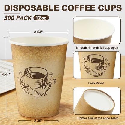Clawsoff 300 Pack 12oz Paper Coffee Cups, Hot/Cold Beverage 12oz Disposable Coffee Cups, Retro Design, Leak-Proof, Hot or Cold Drink, Cocoa, Chocolate, Coffee Bar Supplies