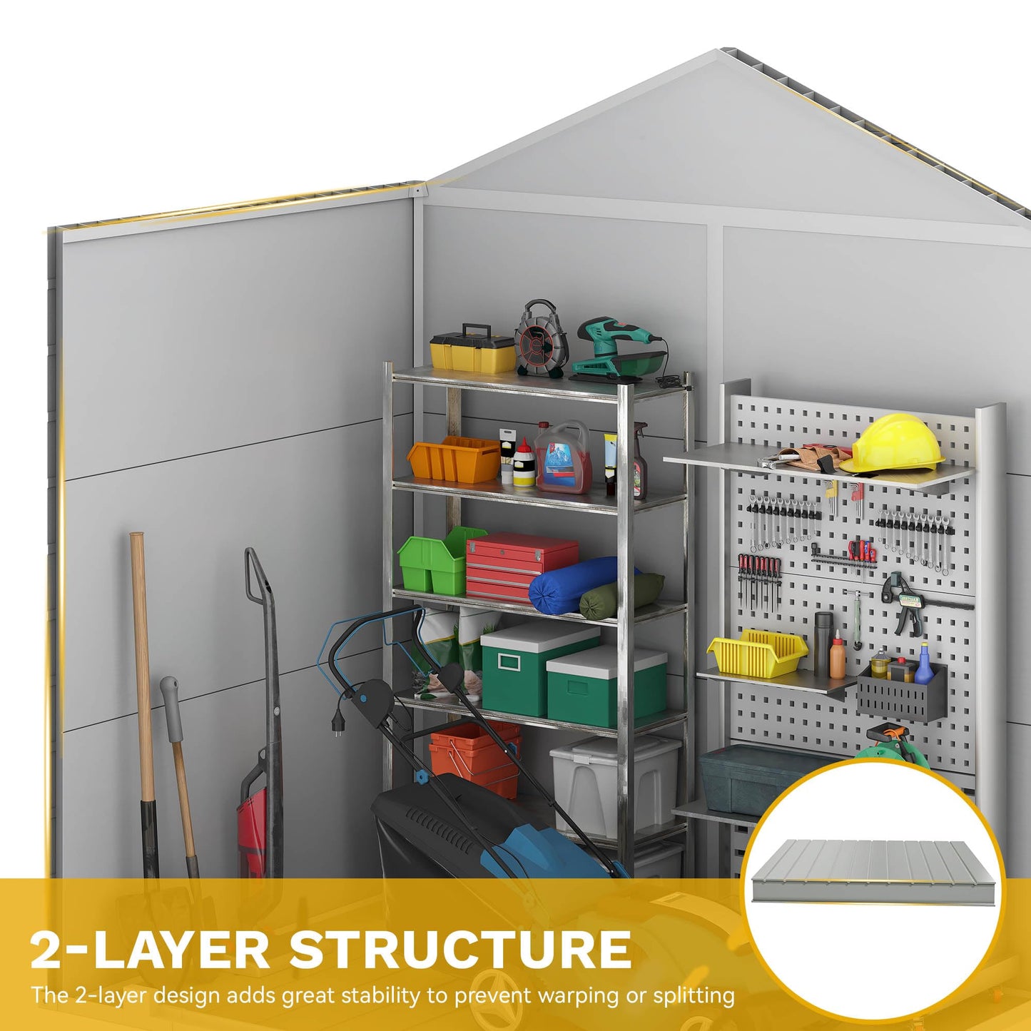 DWVO 6x4.4 FT Outdoor Storage Shed, Plastic Garden Tool Shed with 2 Windows, Double-Wall Outside Shed for Lawn Mower, Garden Shed for Backyard Patio, Lockable, Greige&Gray