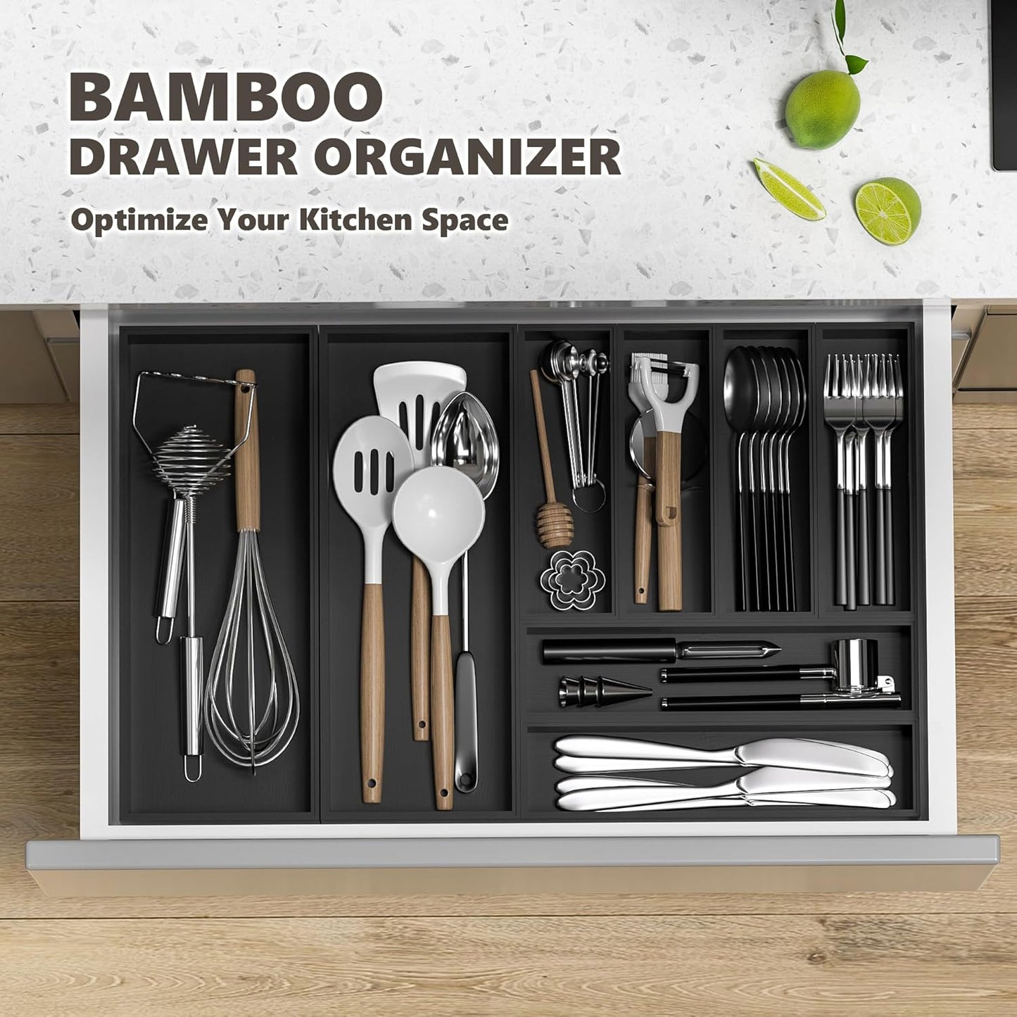 Black Bamboo Kitchen Drawer Organizer Bins for Silverware, Utensils, Cutlery, Stackable Storage