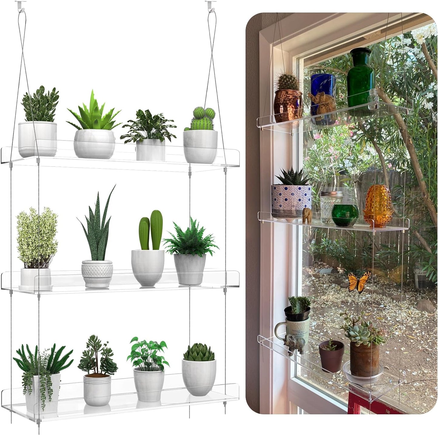 ZerzSemp 3-Tier 16 Inch Hanging Clear Plant Shelves for Windows, Acrylic Window Wall Plant Stand Shelf for Kitchen