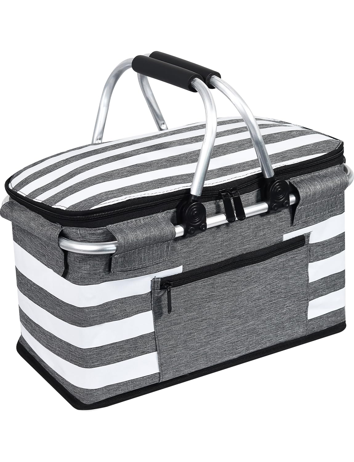 KEFOMOL Insulated Picnic Basket,Leak-Proof Collapsible Cooler Bag,26L Grocery Basket with Lid,2 Sturdy Handles,Storage Basket for Picnic,Food Delivery,Take Outs,Market Shopping,Travel (Gray)