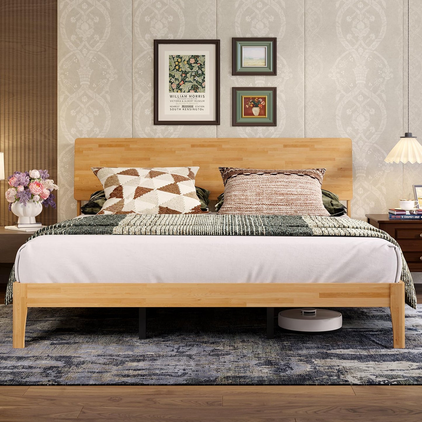 Novilla King Size Bed Frame with 3-Level Adjustable Storage Headboard, Solid Wood Platform Bed Frame with Slats, No Box Spring Needed, Noise Free, Natural Finish for Master Bedroom and Guest Room