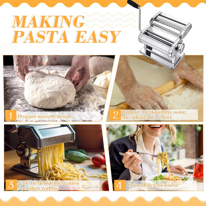 Hushee 8 Pcs Pasta Maker Machine Set Including Stainless Steel Noodle Maker Machine Wood Pasta Drying Rack Ravioli Stamp Maker Cutter with Pasta Cutter Wheel Mini Rolling Pin Cleaning Brush