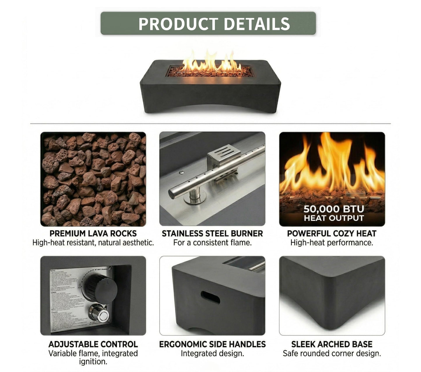 KEIKI 56" Rectangular Propane Gas Fire Pit Table, 50,000 BTU Modern Outdoor Concrete Fire Table with Lava Rocks, Waterproof Cover, Tank Seat, No Assembly for Patio Backyard Deck, Dark Grey