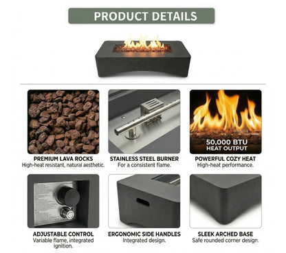 KEIKI 56" Rectangular Propane Gas Fire Pit Table, 50,000 BTU Modern Outdoor Concrete Fire Table with Lava Rocks, Waterproof Cover, Tank Seat, No Assembly for Patio Backyard Deck, Dark Grey