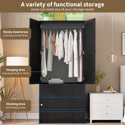 GarveeHome Armoire Wardrobe Closet with 3 Drawers, 69.5" Wooden Wardrobe Cabinet, Hanging Rod, 2 Doors Clothing Storage Cabinet for Bedroom, Large Capacity Storage, Louvered Door, Black