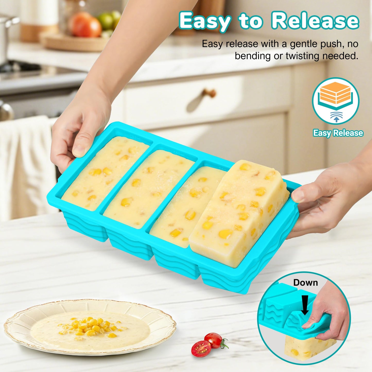 Silicone Freezer Trays with Lid (4-Pack), 1-Cup, 2-Cup, 1/2-Cup & 2-Tbsp Silicone Freezer Molds, Stackable Soup Freezer Meal Prep Containers,Ice Cube Tray for Making Sauce,Smoothies,Yogurt Bites