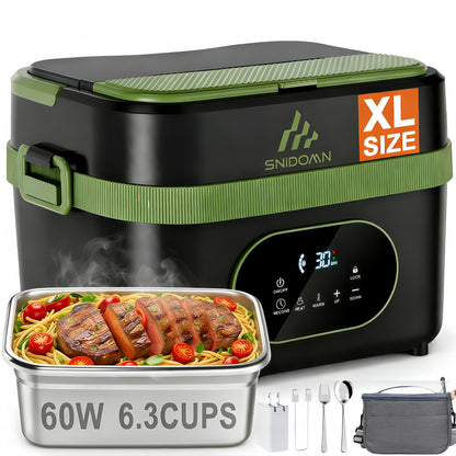 Snidomn Cordless Electric Lunch Box XL 6.3-Cup, 60W Fast Heating Portable Food Warmer with Scheduled Heating, Removable Divider, Large Capacity Heated Lunch Box for Work & Outdoor