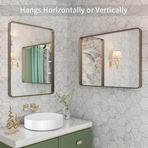 LOAAO Bronze Bathroom Mirror - 22”x30” Rounded Rectangle with Anti-Rust Brushed Metal Frame | Versatile Hanging Options