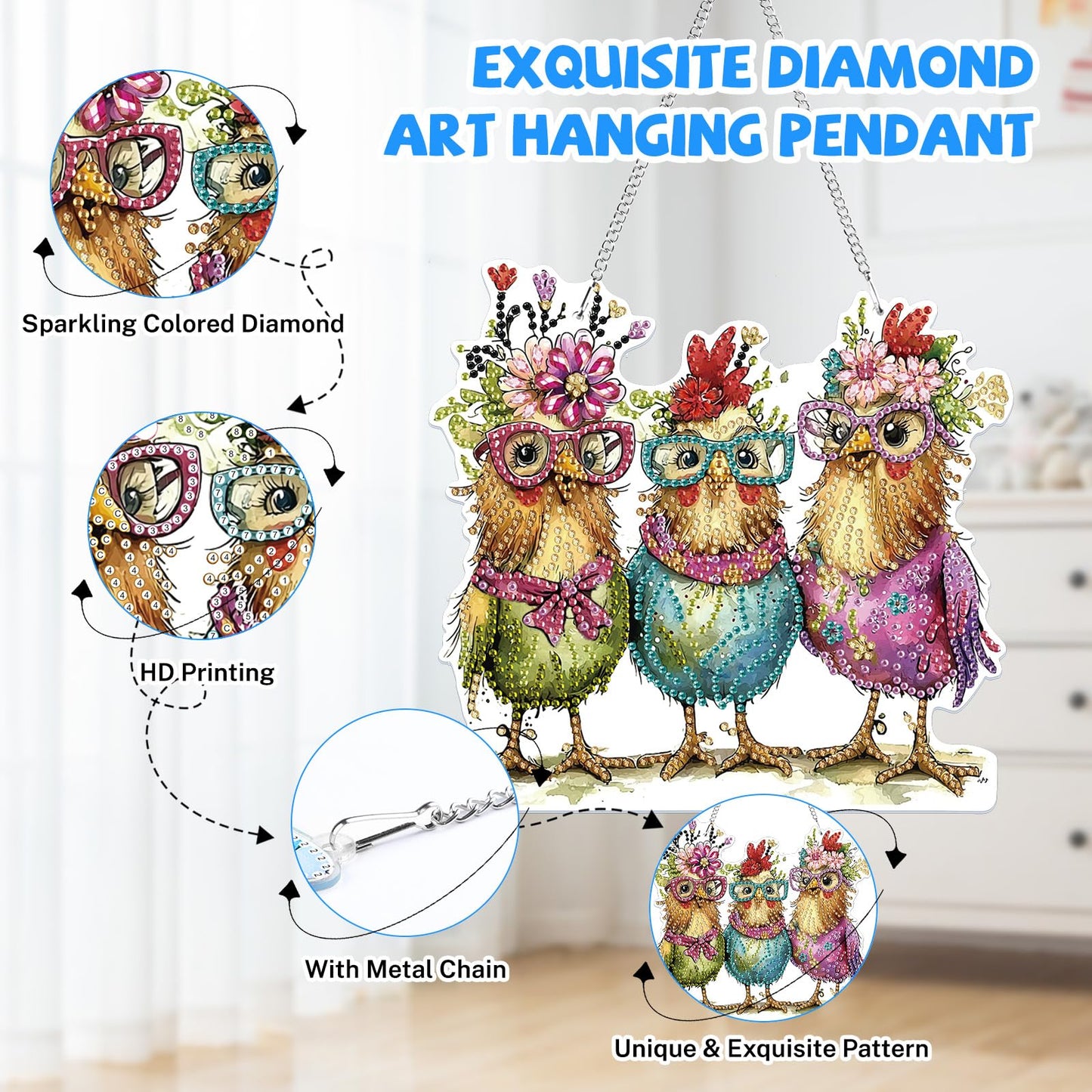 Bowetile Hanging Diamond Art Chicken Kits for Adults, 5D Special Shape Diamond Painting Chicken Kits, Animal Diamond Gem Art Suncatchers Painting Pendant Ornament for Home Garden Wall Decor