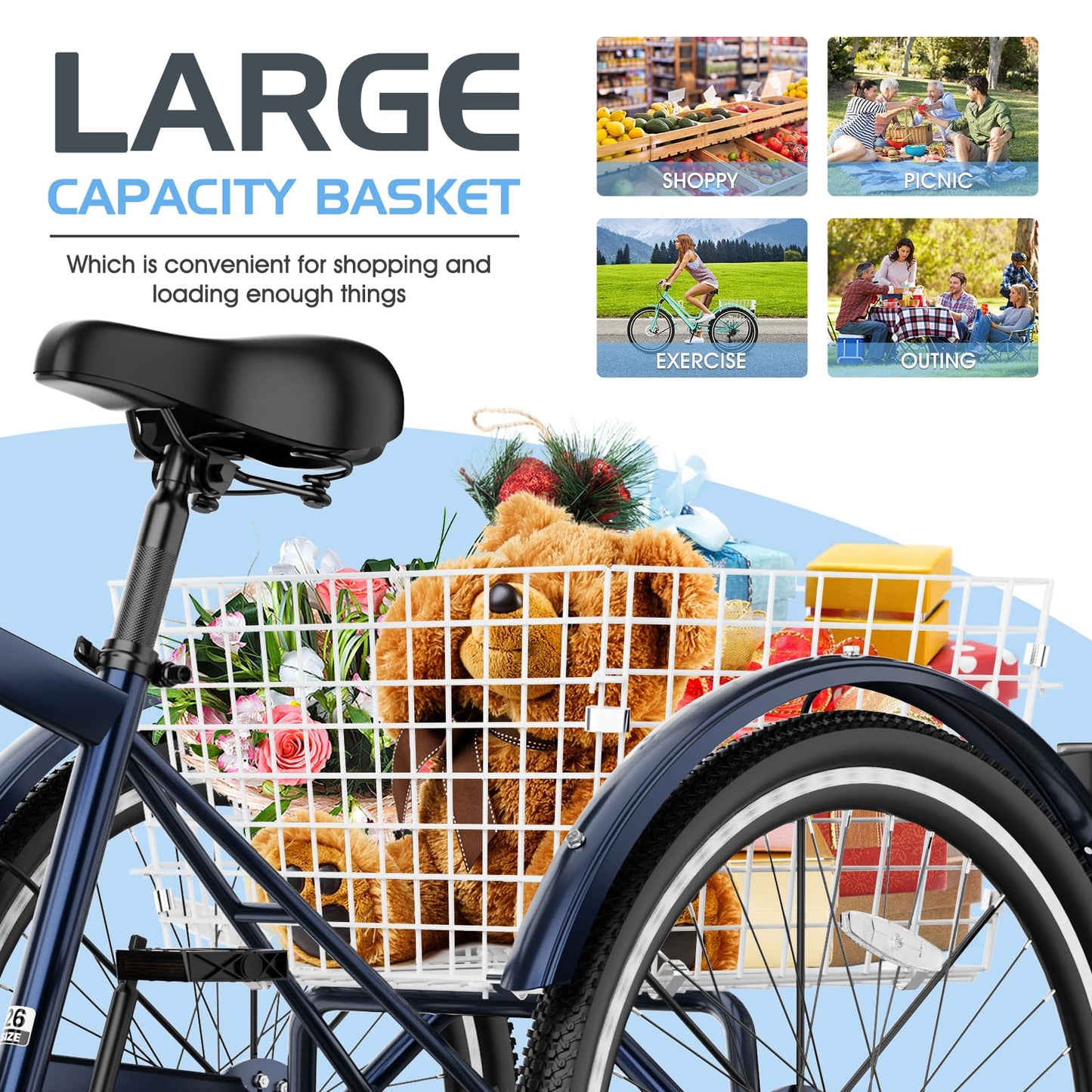 Slsy Adult Mountain Tricycle, 7 Speed Three Wheel Bike, 24/26 Inch Adults Trikes for Seniors with Shopping Basket, Exercise Men's Women's Tricycles