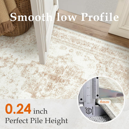 PureCozy Area Rug 10x14 Cream Washable Living Room Beige Carpet Non Slip Vintage Medallion Indoor Bedroom Beige Carpet Low Pile Soft Retro Distressed Large Rug Home Office Dining Room Playroom