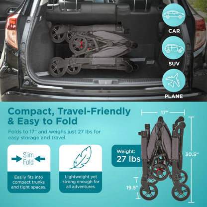 Contours Curve 360 Lightweight Double Baby Stroller Wagon for 2 Kids, Fits Infant Car Seats, Ultra Maneuverable, Easy in and Out for Toddlers with Deep Footwell, Storage Pockets and Adjustable Handle
