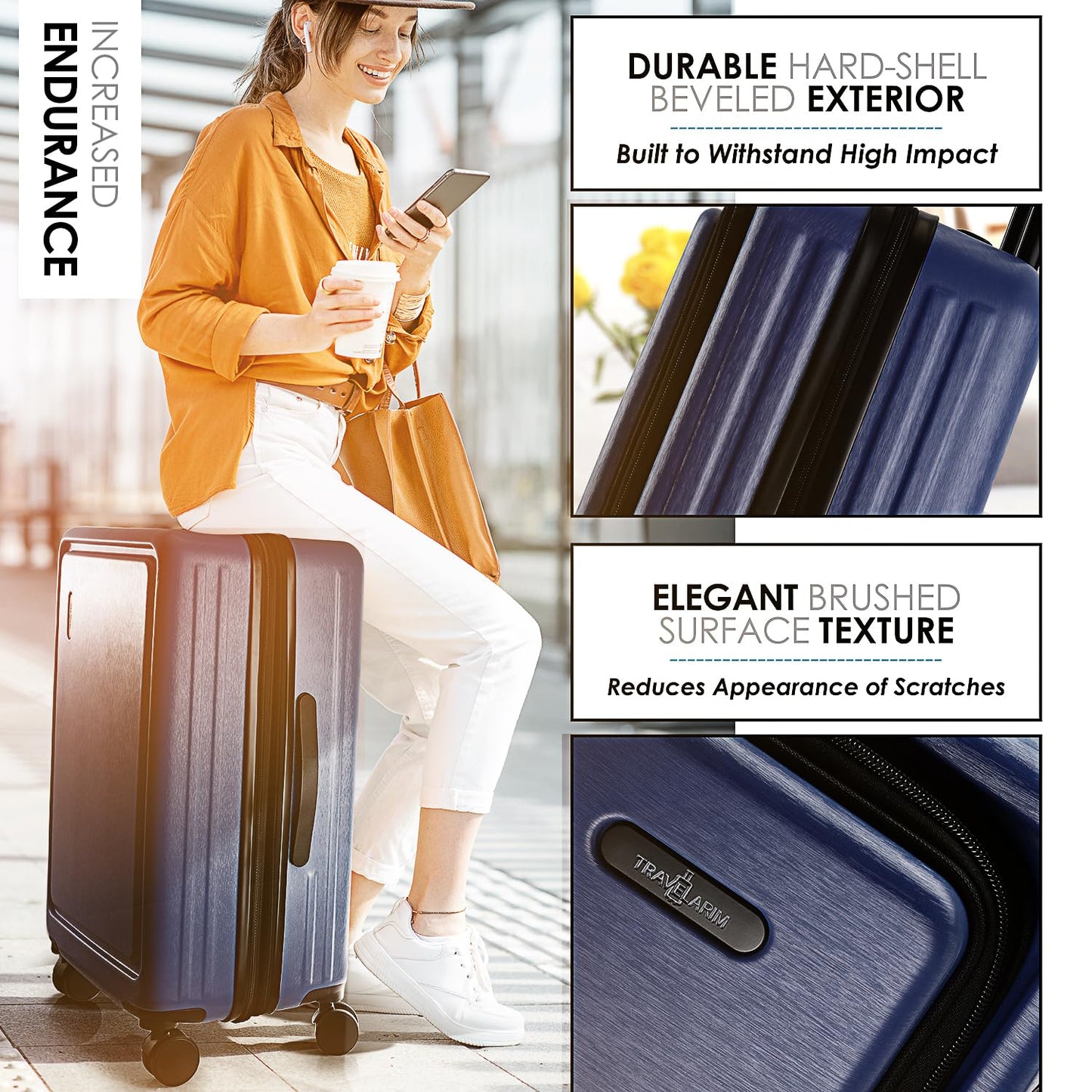 TRAVELARIM Navy Hardshell Luggage Sets 4 Piece, Durable Suitcase Set, Travel Luggage Set with Integrated TSA Lock, 360° Spinner Wheels, Expandable Medium and Large Checked Suitcase, 20/24/28 Inch