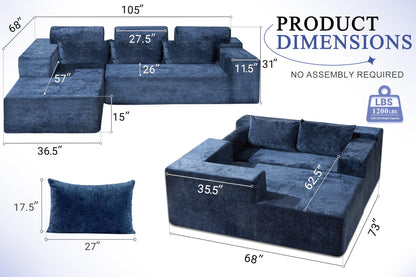 HABUTWAY 105" L-Shape Modular Sectional Sofa Couch for Living Room,No Assembly Required,Modular Comfy Sofa with Deep Seat for Living Room Bedroom,Luxury Distressed Velvet(Left,Blue)