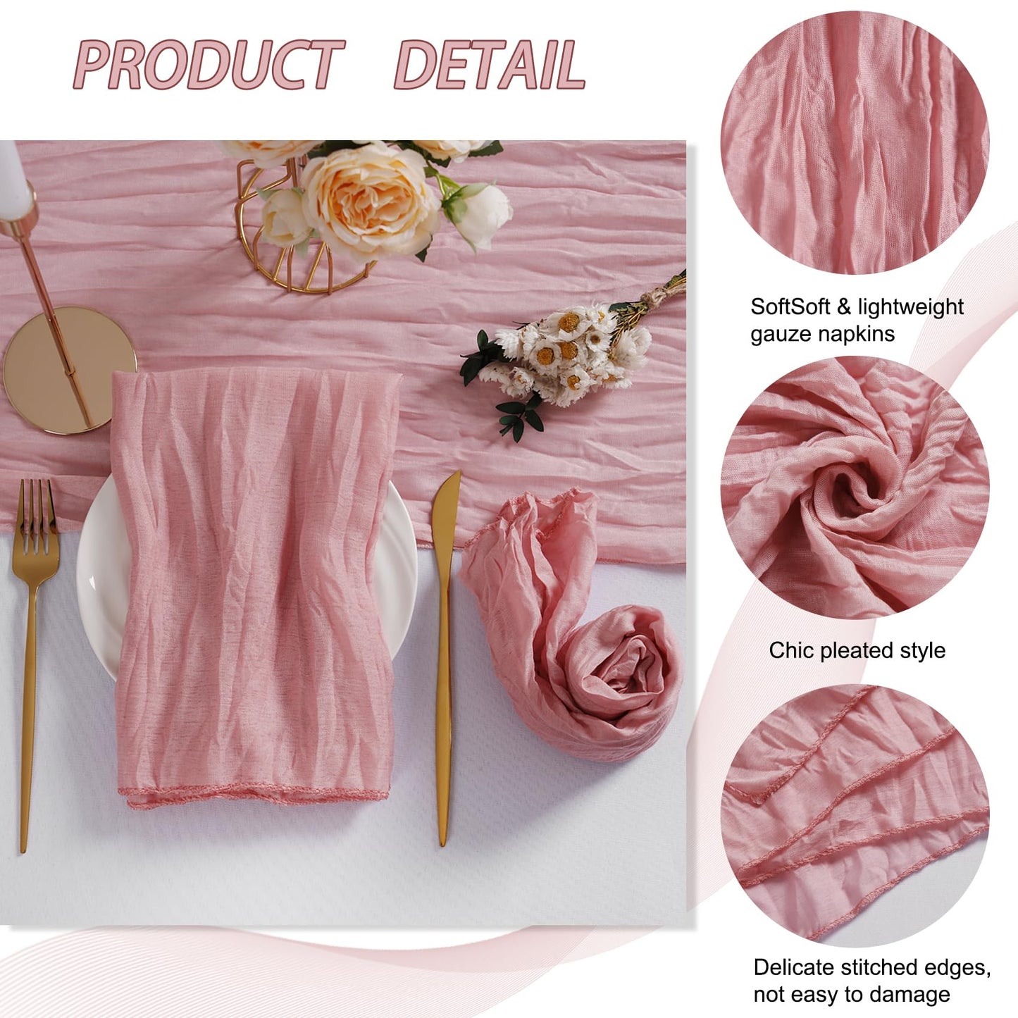 LZY 120 Pack Gauze Cheesecloth Napkins 20x20 Inch Dinner Cloth Napkins, Soft Boho Table Napkins Rustic Wrinkled Cheese Cloth Napkins Bulk for Wedding Party Baby Shower Event Decor (Dusty Pink)