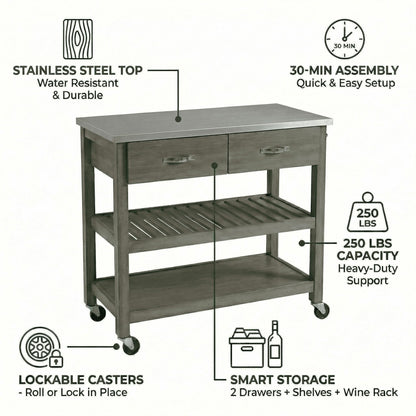 Casaphoria Amanda Collection Solid Wood Kitchen Island, 42" Butcher Block Cart with Stainless Steel Top & Locable Wheels, Prep Table for Small Spaces (Weathered Gray)