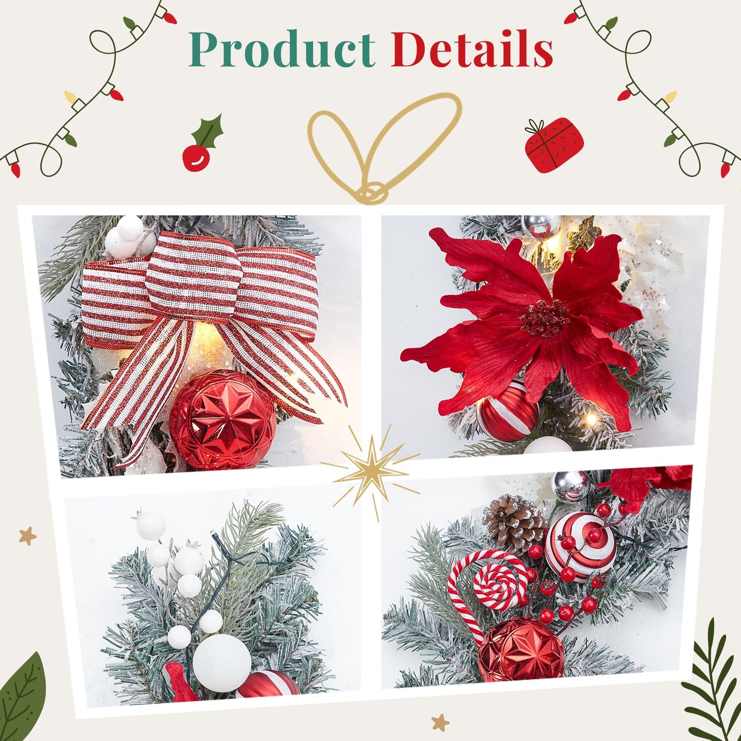 FairyLee 6ft Battery Operated Christmas Garland with 20 LED Lights & Timer, Pre-Lit Artificial Garland for Mantle, Staircase, Table, Indoor Outdoor Xmas Holiday Decor,Red Flower