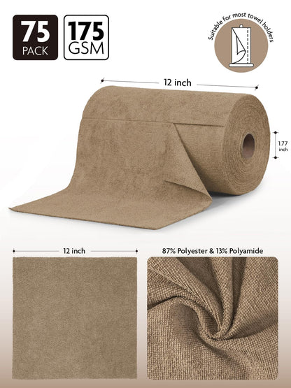 Fantasticlean Microfiber Cleaning Cloth Roll -75 Pack, Tear Away Microfiber Towels, 12" x 12", Reusable, Washable, Scratch Free, Ultra Absorbent for All-Around Cleaning Supplies (TAN)