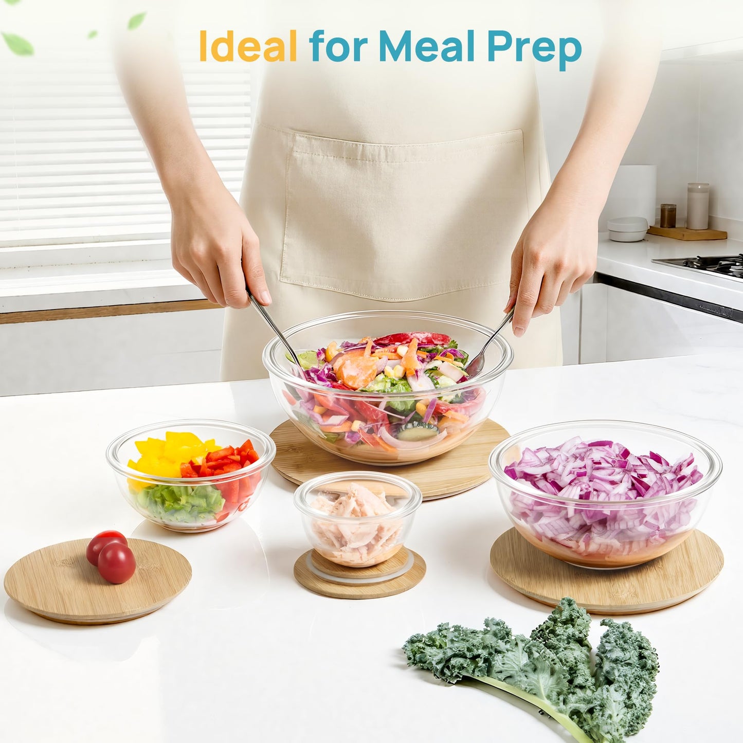 Vtopmart 5 Pack Glass Mixing Bowls with Bamboo Lids Set (3.75/2.1/1.1/0.5/0.2 QT), Salad Bowl Set, Nesting Kitchen Bowls for Serving, Prepping, Cooking and Baking, Dishwasher & Microwavable Safe