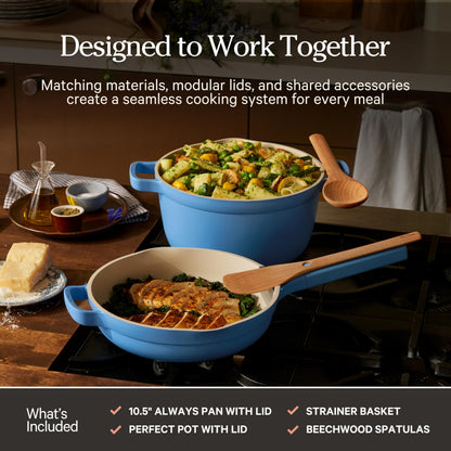 Our Place Cookware Duo | 7-Piece Ceramic Cookware Set with 10.5" Always Pan 2.0, 5.5 Qt Perfect Pot & Strainer Basket | Induction & Oven Safe up to 450°F | Nonstick, Non-Toxic | Forget-Me-Not Blue