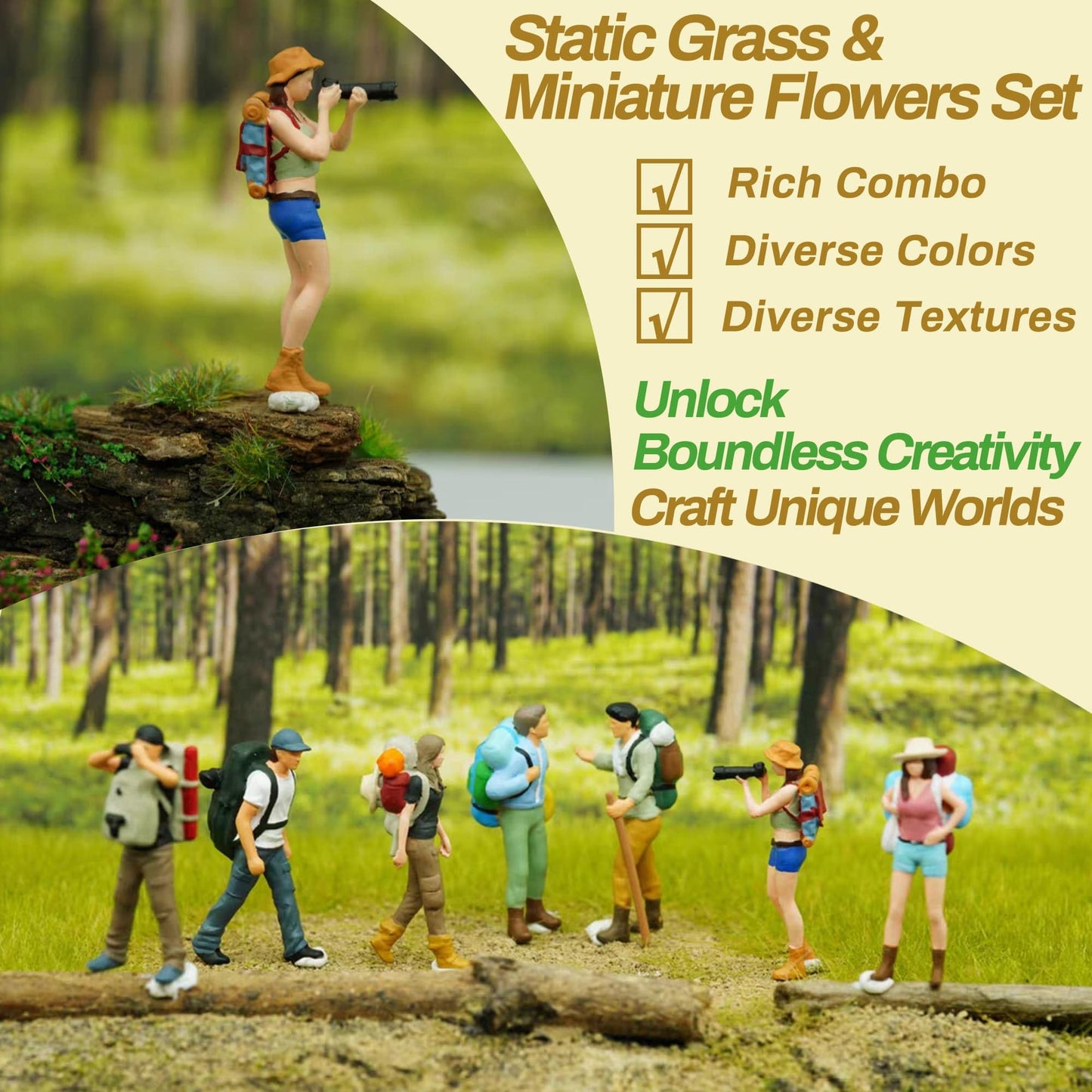 Potanro 126pcs Static Grass Tufts and Miniature Flowers Cluster for Crafts,Diorama Grass Base Supplies,Model Grass Scene Accessories for Train Railroad Scenery Sand Military Terrain Model