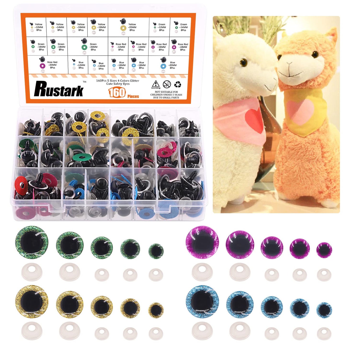 Rustark 160 Sets Glitter Plastic Safety Eyes Stuffed Crochet Eyes Craft Doll Eyes Kit with Washers for DIY Crafts Projects 12 14 16 18 20mm Yellow Green Light Purple Blue