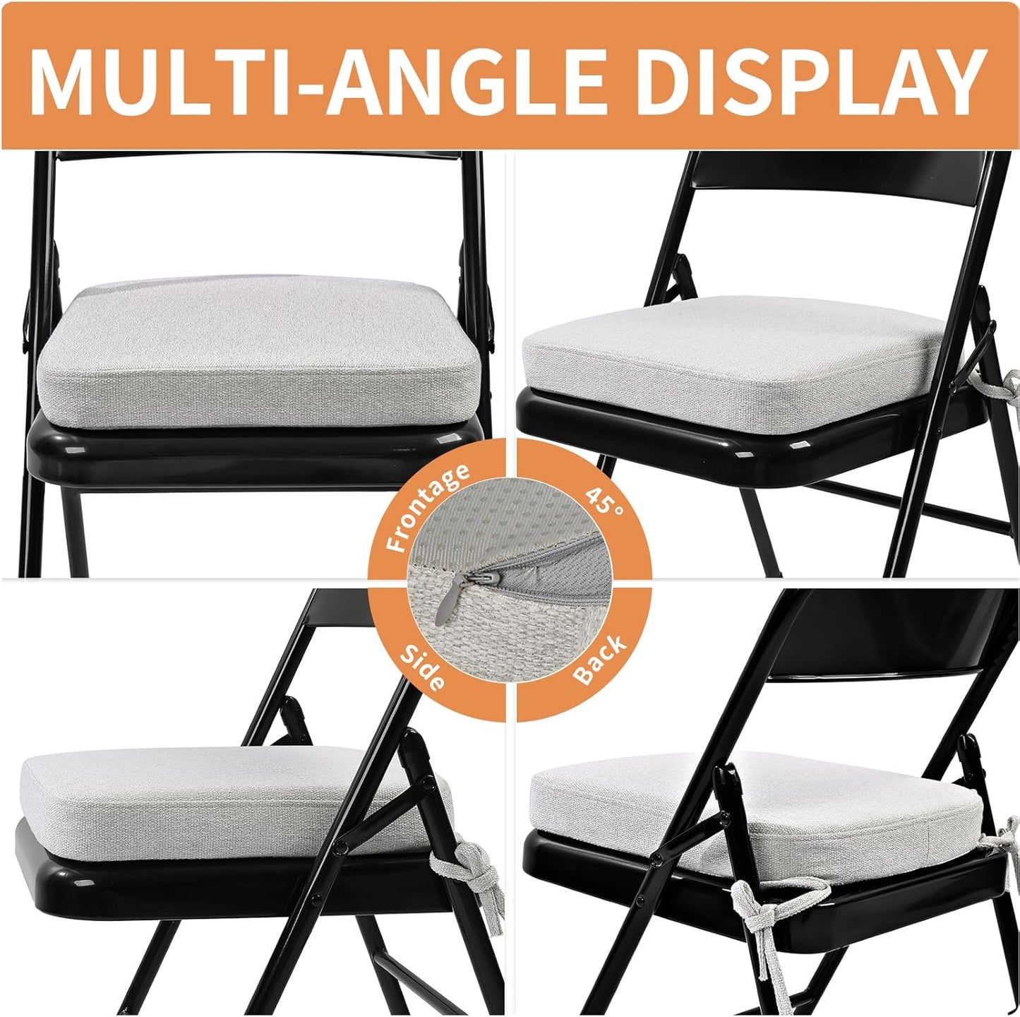 1 2" (1 SINOSSO Memory Foam Chair Cushion for Folding Chair Pcs, Thickened Square Kitchen Chair Pad with Ties, Indoor