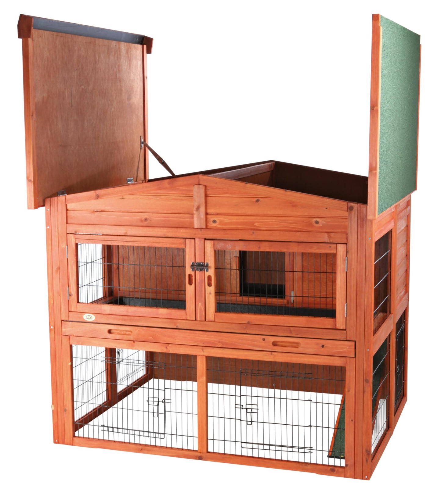 TRIXIE natura Outdoor Deluxe Rabbit Hutch with Run - Large 2-Story Rabbit Cage with Non-Slip Ramp - Elevated Small Animal House with Secure Playpen, Hinged Roof & Two Pull-Out Trays - in Natural