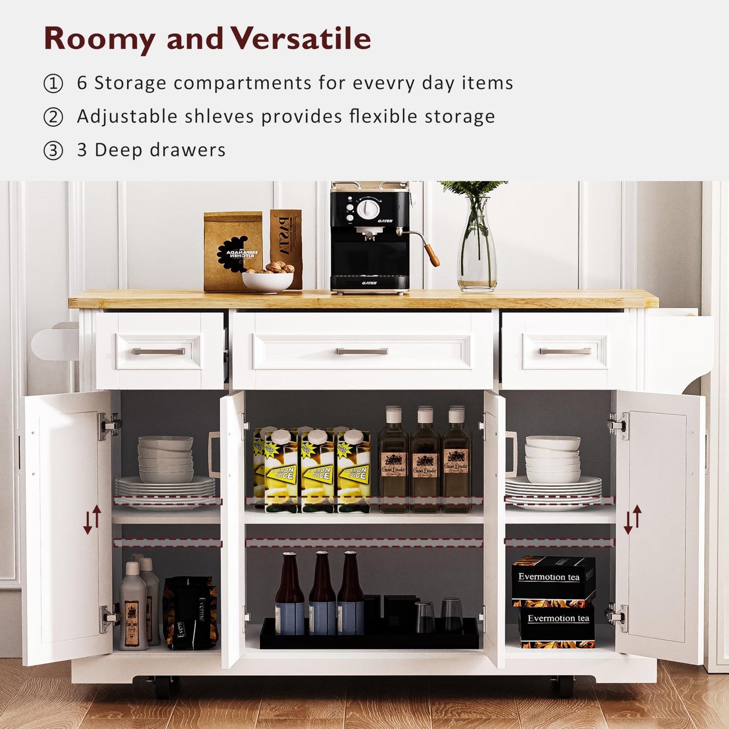 Ball & Cast Modern Large Kitchen Island with Rubber Wood Drop Leaf, Embossed Texture Rolling Cart on 4 Wheels W/4 Doors & 3 Drawers, Mobile Storage Kitchen Islands W/Storage for Dining Room,White,54"