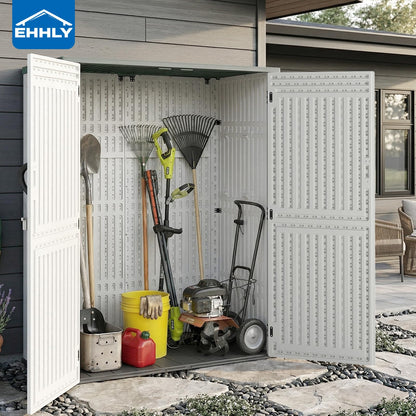 EHHLY Vertical Resin Storage Shed, 60 Cuft Garden Tool Sheds & Outdoor Storage, Plastic Outdoor Storage Cabinet Waterproof, 4.5 x 2.3 ft Backyard Outside Lawn Mower Storage Shed, Light Grey