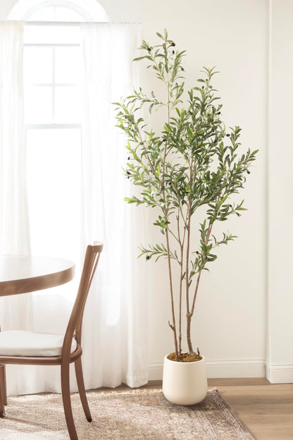 Kate and Laurel Oliveira Faux Olive Tree with Jia Curved Planter Pot, 7 FT, Cream, Potted Artificial Tree Indoor with Realistic Foliage and Added Moss, Fake Plant for Living Room Decor