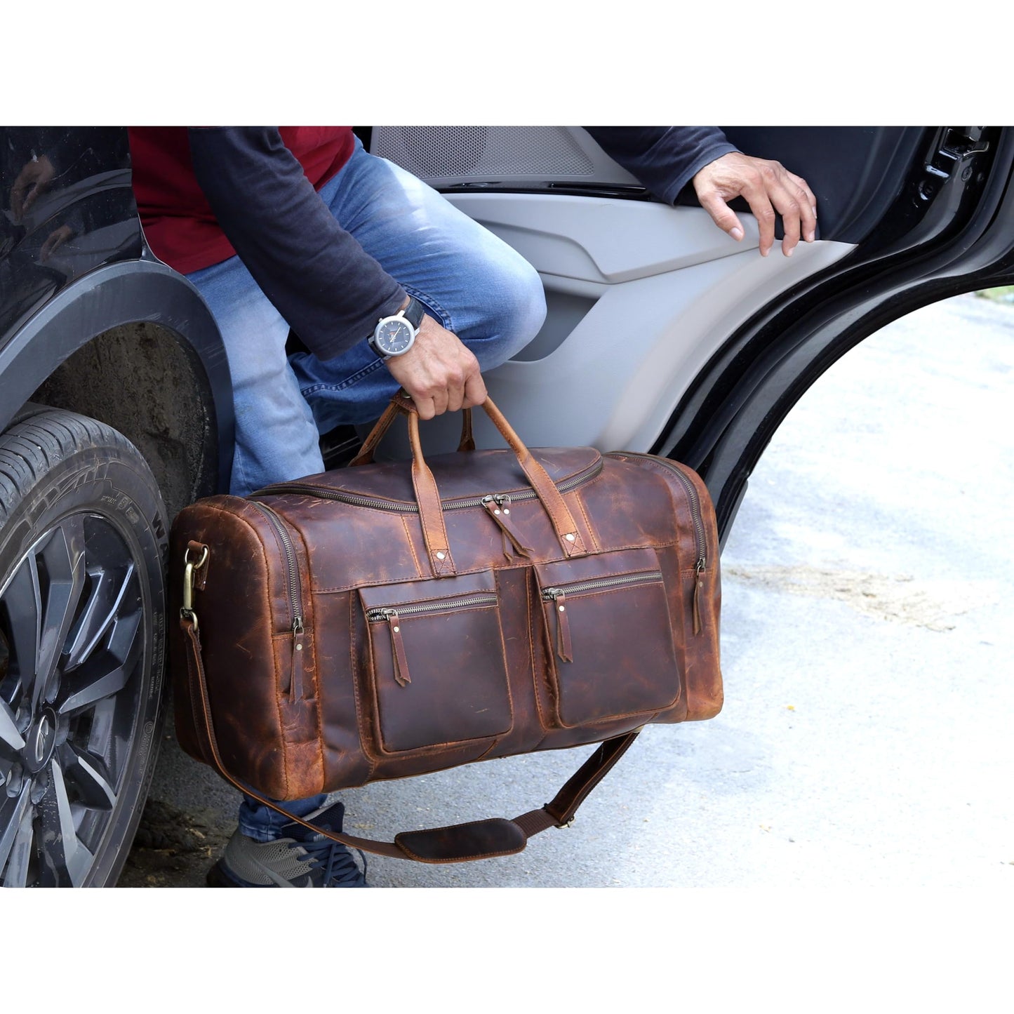 32" Vintage Duffel Classic Style with Modern Outlook Retro Thick Full Grain Cowhide Handmade Airplane Under seat Carry On Bags Leather Gym Overnight Luggage Bag