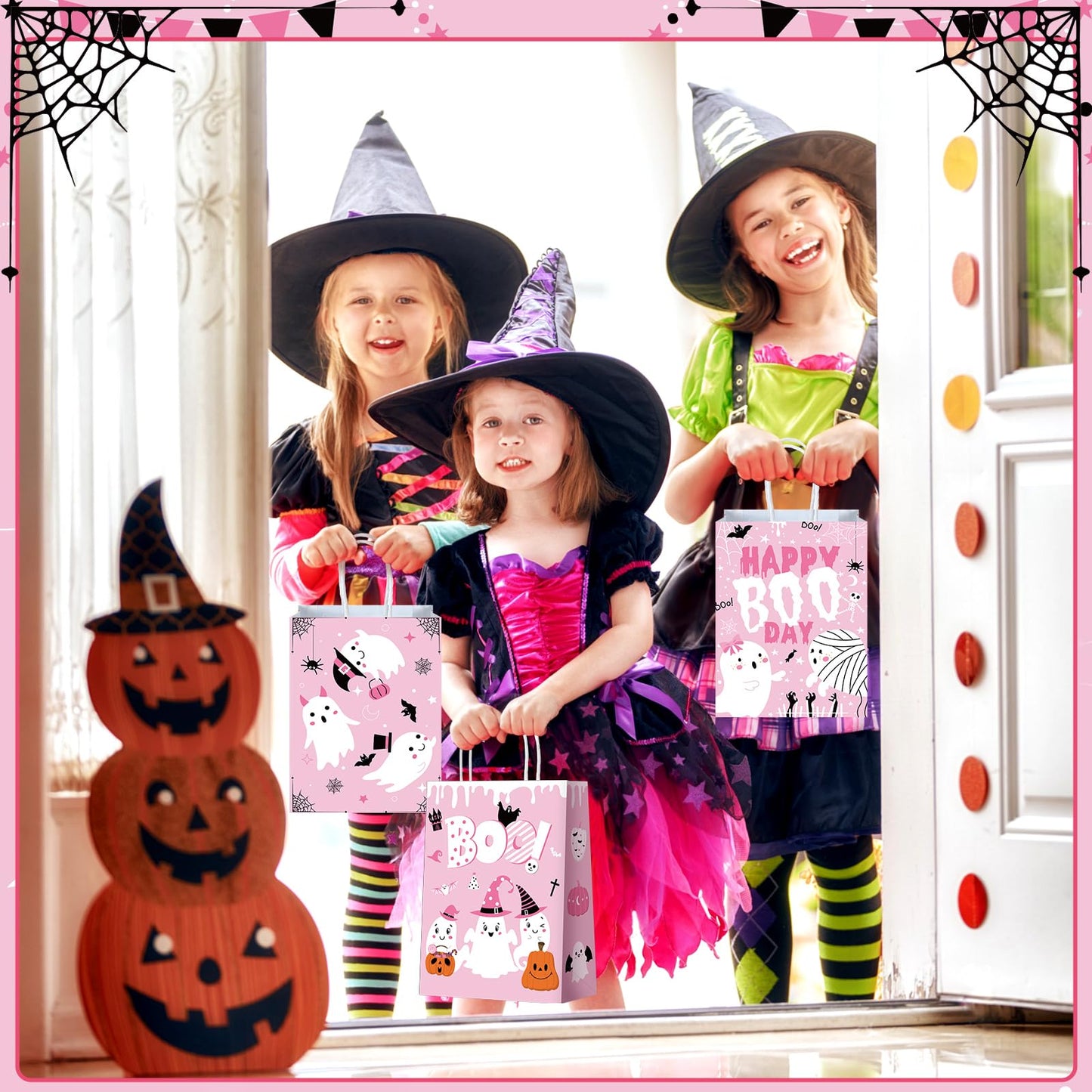 Zhanmai 24 Pcs Pink Ghost Halloween Party Favors Gifts Goodies Bags with Handles Halloween Paper Boo Bags for Candy Treat Snack Gifts Wrapping Birthday Party Supplies Decoration