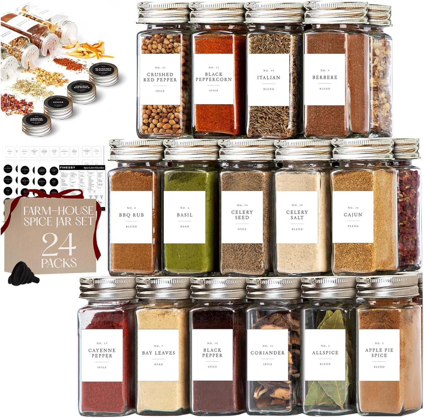 24 Pack Set, 4oz FINESSY Glass Spice Jars with Labels with Metal Lids and Shakers Small Empty Air Tight Spice