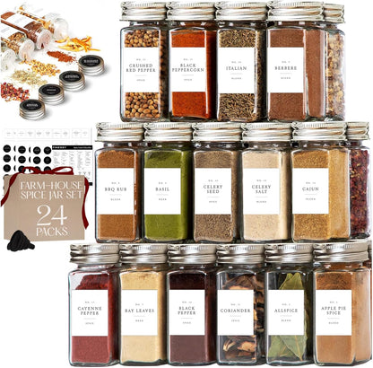 24 Pack Set, 4oz FINESSY Glass Spice Jars with Labels with Metal Lids and Shakers Small Empty Air Tight Spice