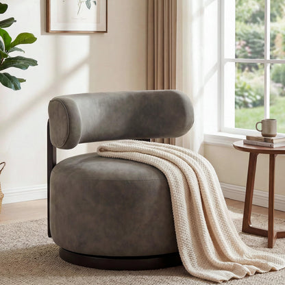 Christopher Knight Home Udon Faux Leather 360° Swivel Accent Chair, Solid Wood Living Room Swivel Chair, Rotating Single Lounge Sofa, Bedroom Comfy Reading Chair, No Assembly Needed, Dark Brown+Grey