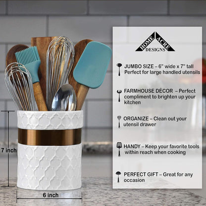 Home Acre Designs Large Ceramic Farmhouse Kitchen Utensil Holder, White/Copper Countertop Crock