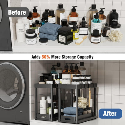 Skiennix Pull-Out Storage Organizers - Multi-Purpose Under Sink Solution for Bathroom & Kitchen | Black, 2 Pack