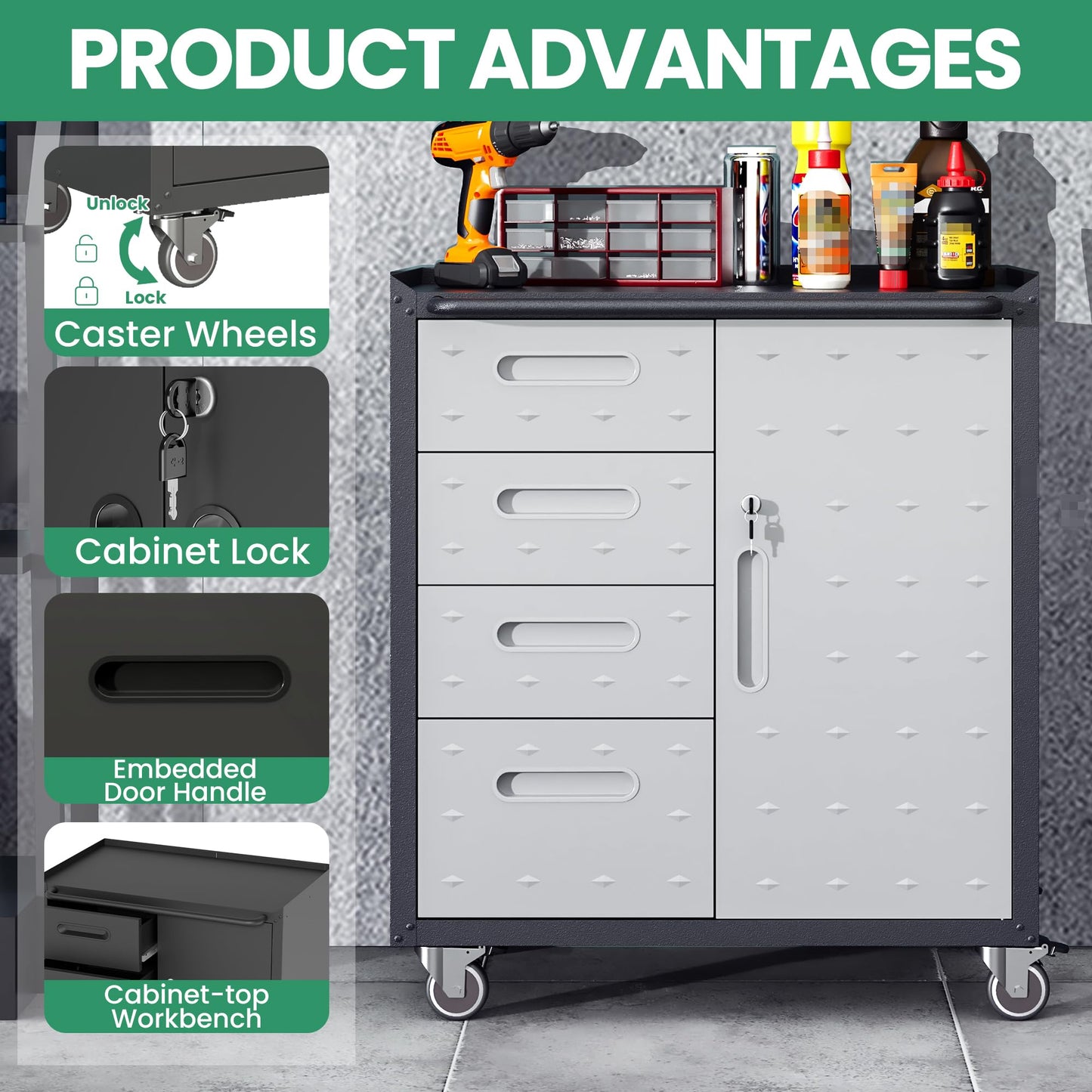 4-Pack Rolling Garage Tool Cabinet,Heavy Duty Steel Rolling Tool Chest with Lockable Doors & Adjustable Shelves,Mobile Workshop Storage Cart for Garage Organization,Black/Grey