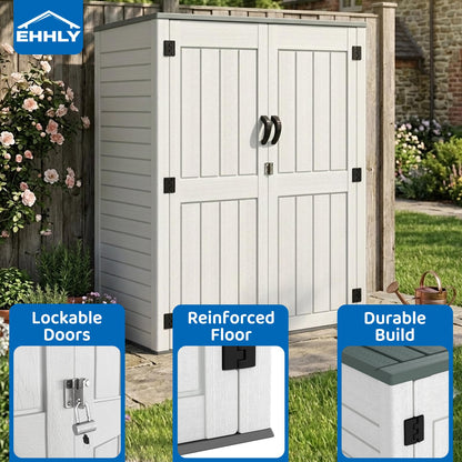 EHHLY Vertical Resin Storage Shed, 60 Cuft Garden Tool Sheds & Outdoor Storage, Plastic Outdoor Storage Cabinet Waterproof, 4.5 x 2.3 ft Backyard Outside Lawn Mower Storage Shed, Light Grey
