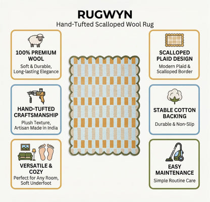 RUGWYN Hand-Tufted Scalloped Wool Area Rug, Modern Plaid Checkered Pattern, Soft & Durable Cozy Accent Rug for Living Room, Bedroom & Nursery, Handmade Decorative Floor Carpet (Light Blue, 8' x 10')