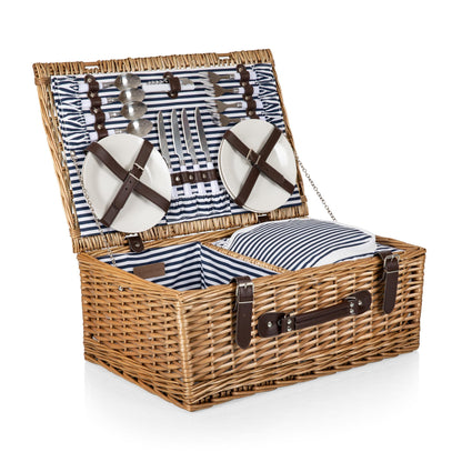 Picnic TME Belmont Picnic Basket for 4, Insulated Wicker Basket Set with Porcelain Plates, Stainless Steel Flatware, Wine Glasses, Cooler, Leatherette Straps, Gift (Navy Blue & White Stripe)
