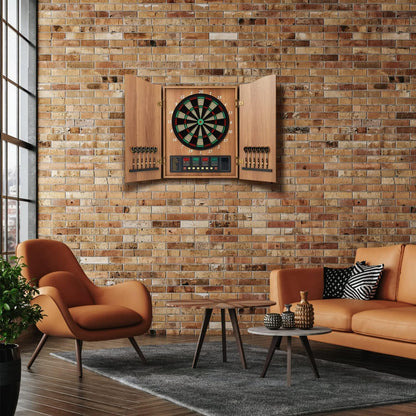 Electronic Dart Board Set, Dart Board Cabinet Set with 12 Soft Tip Darts 50 Dart Head, Electronic Dart Board, Wooden Cabinet Doors with Integrated Scoreboard for Home Use, Bars, Dar, A