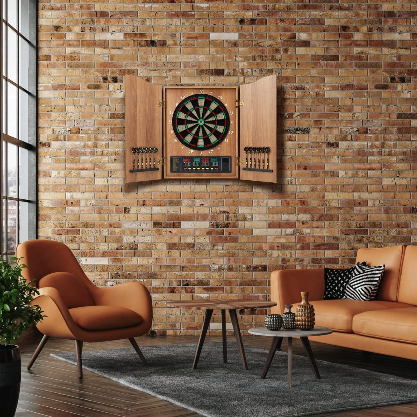 Electronic Dart Board Set, Dart Board Cabinet Set with 12 Soft Tip Darts 50 Dart Head, Electronic Dart Board, Wooden Cabinet Doors with Integrated Scoreboard for Home Use, Bars, Dar, B