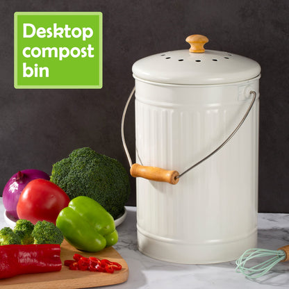 TreaHome 1.7 Gallon Kitchen Compost Bin, Indoor Countertop Compost Bin with Lid, 100% Rust Proof Compost Bucket with Non-Smell Charcoal Filters (White)