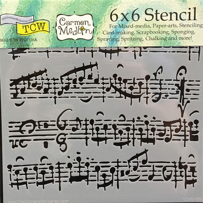 The Crafter’s Workshop - Reusable Music-Themed Stencil for Painting and Crafts – Elegant Sheet Notes and Abstract Design – 2 Pk, 6" x 6" – Sheet Music/Capricious