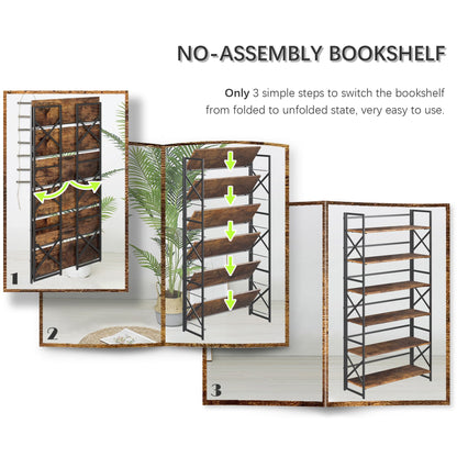 4NM Extra Wide 6 Tiers No Assembly Book Shelves, 61.8" H Folding Bookshelf Bookcase Open Industrial Foldable Shelves for Bedroom, Living Room, Home Office - Rustic Brown Black