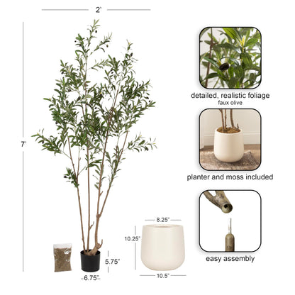 Kate and Laurel Oliveira Faux Olive Tree with Jia Curved Planter Pot, 7 FT, Cream, Potted Artificial Tree Indoor with Realistic Foliage and Added Moss, Fake Plant for Living Room Decor