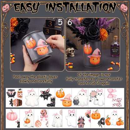 Harloon 15 Sheets Halloween Cute Ghost Rub on Transfers for Crafts Furniture Wood Ornaments Pink Bow Ghost Pumpkin Stickers Rub on Decals for Halloween Scrapbook DIY Wood Fabric Journal Envelope